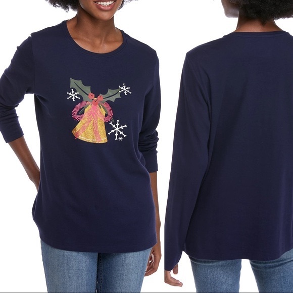 Kim Rogers Tops - NEW Kim Rogers Christmas Holiday Navy Bell Long Sleeve Graphic Shirt Small S